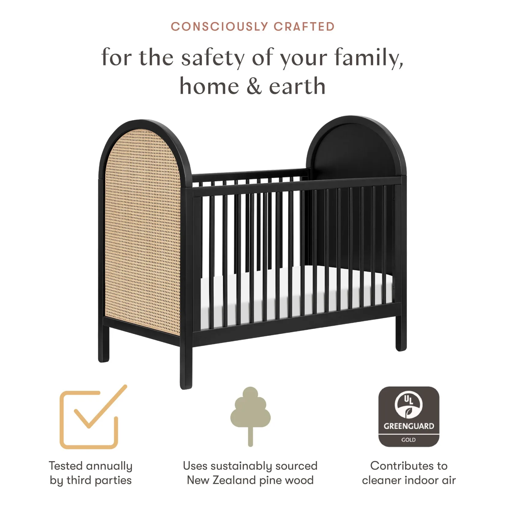 Cribs & Mattresses|Cribs & Mattresses>Babyletto Bondi Cane 3-in-1 Convertible Crib with Toddler Bed Kit - Black / Natural Cane