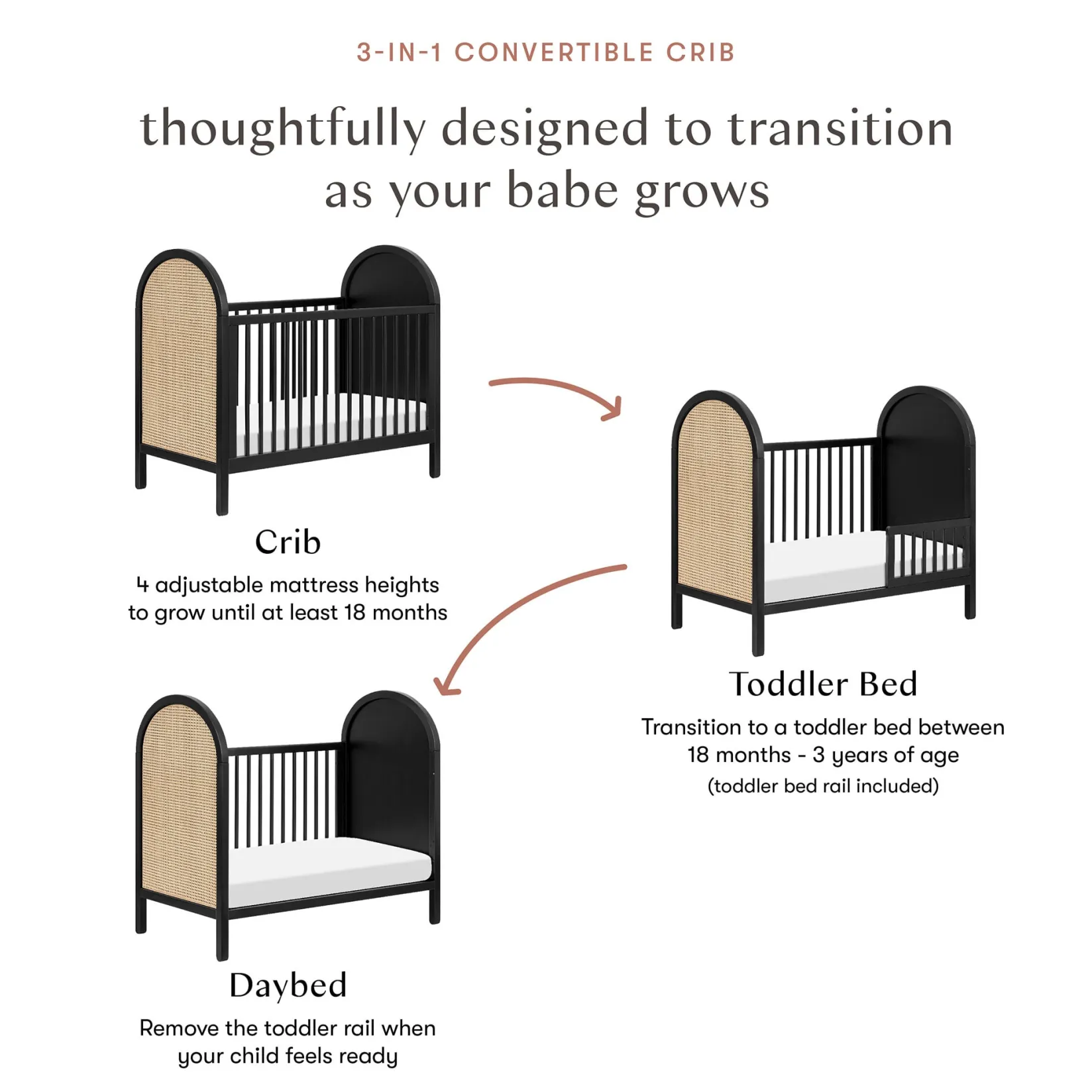 Cribs & Mattresses|Cribs & Mattresses>Babyletto Bondi Cane 3-in-1 Convertible Crib with Toddler Bed Kit - Black / Natural Cane