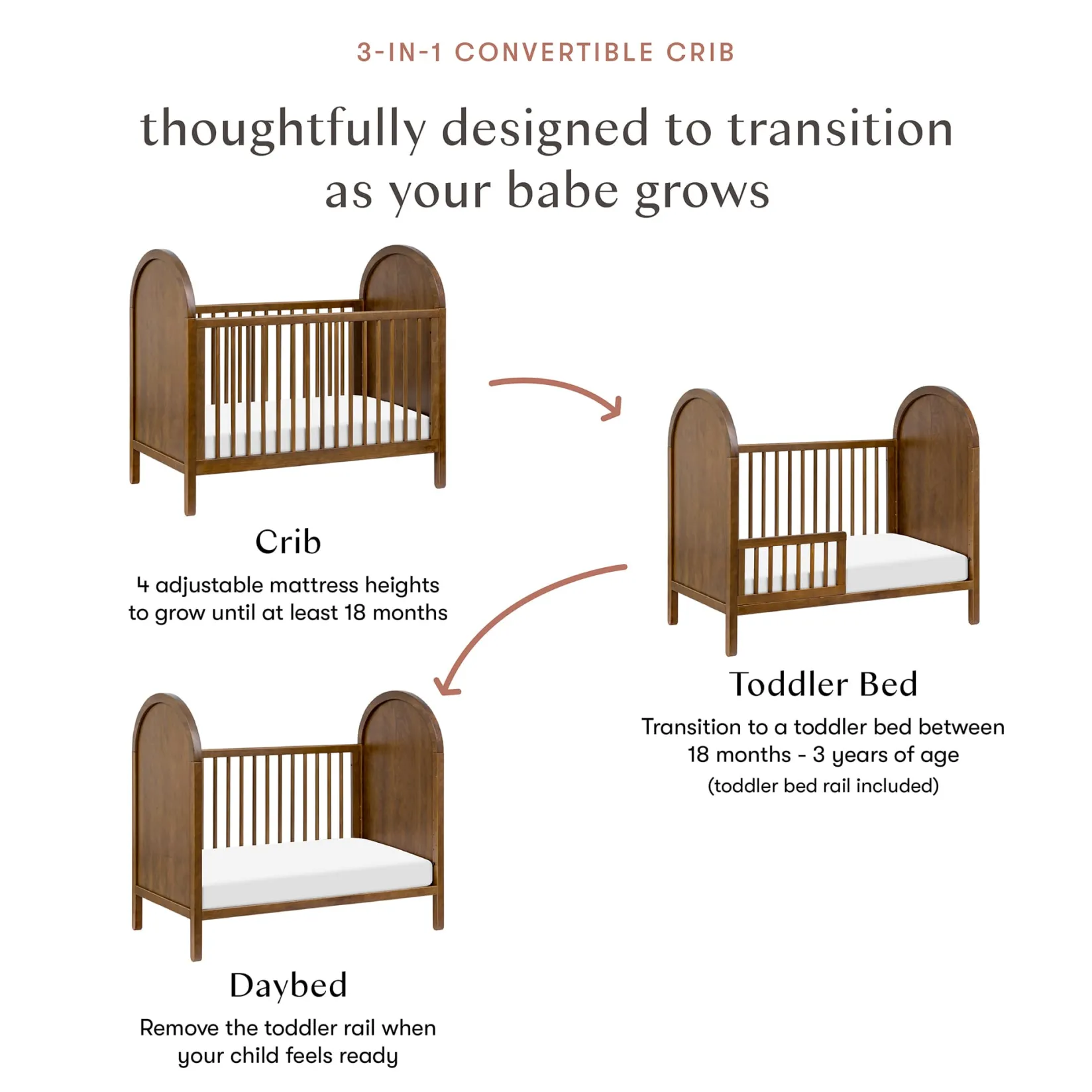 Cribs & Mattresses|Cribs & Mattresses>Babyletto Bondi 3-in-1 Convertible Crib with Toddler Bed Kit - Walnut Natural
