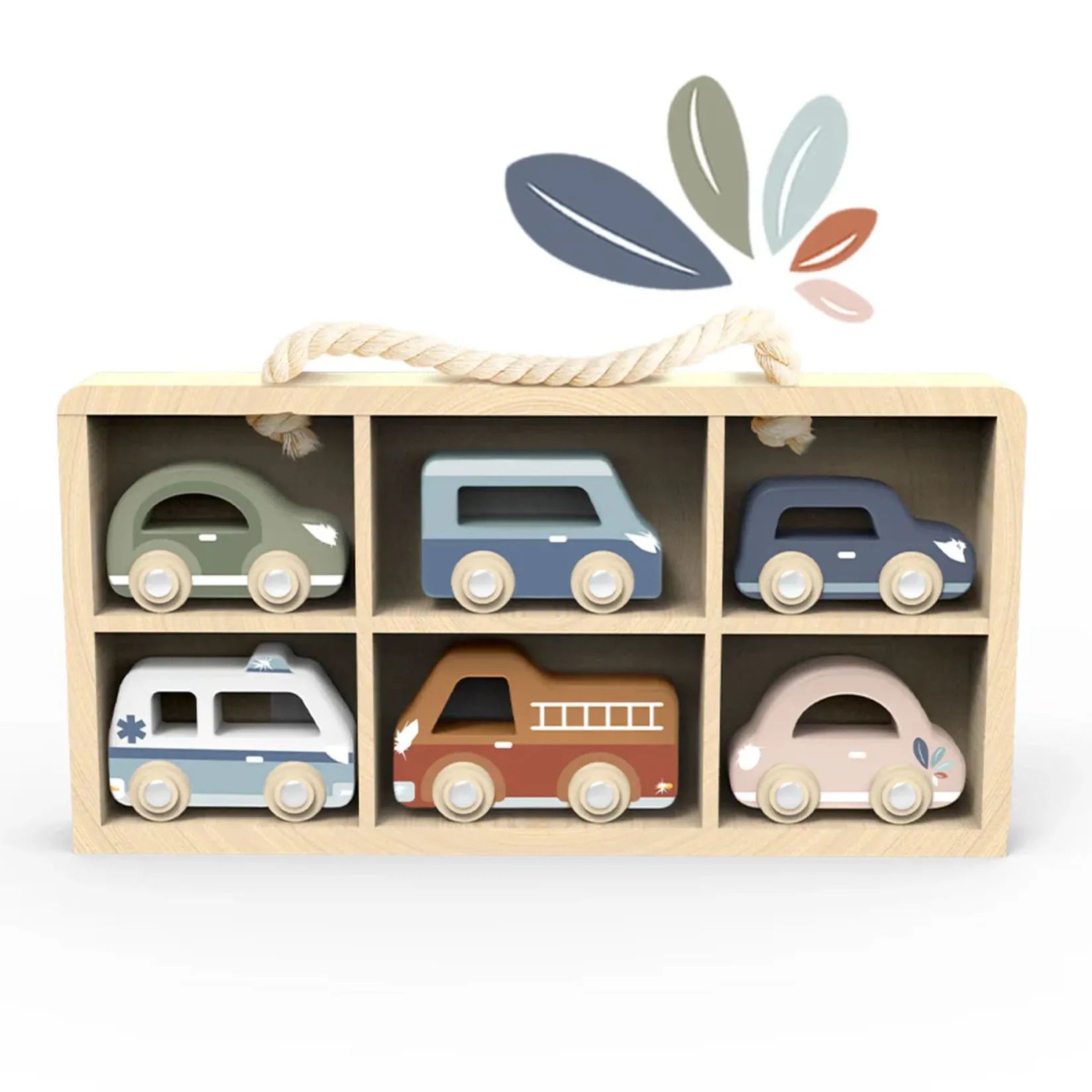 Online Cars Display Case with 6 vehicules Kids Wooden Toys