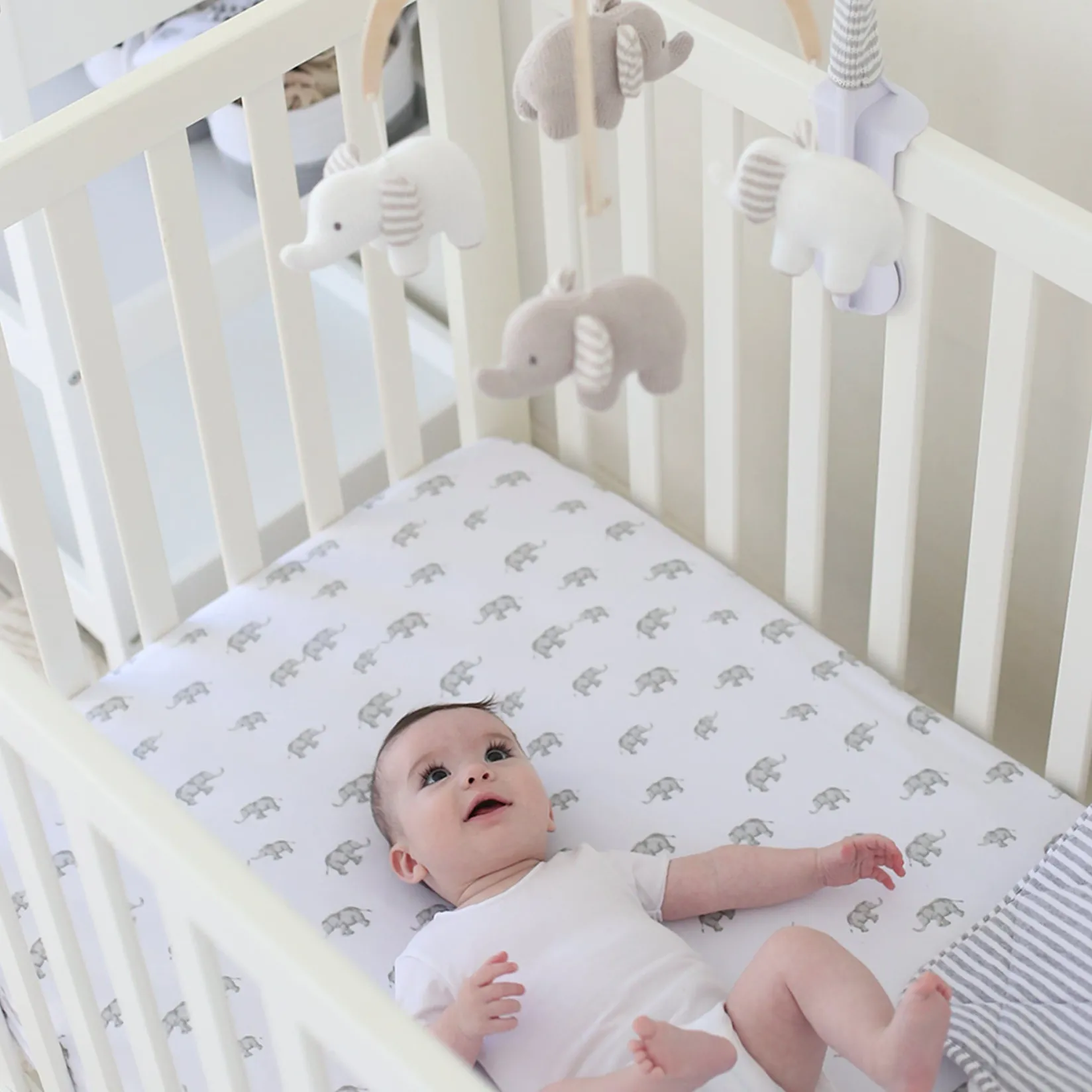 Sheets|Bedding>Living Textiles Crib Fitted Sheet - Grey Elephant