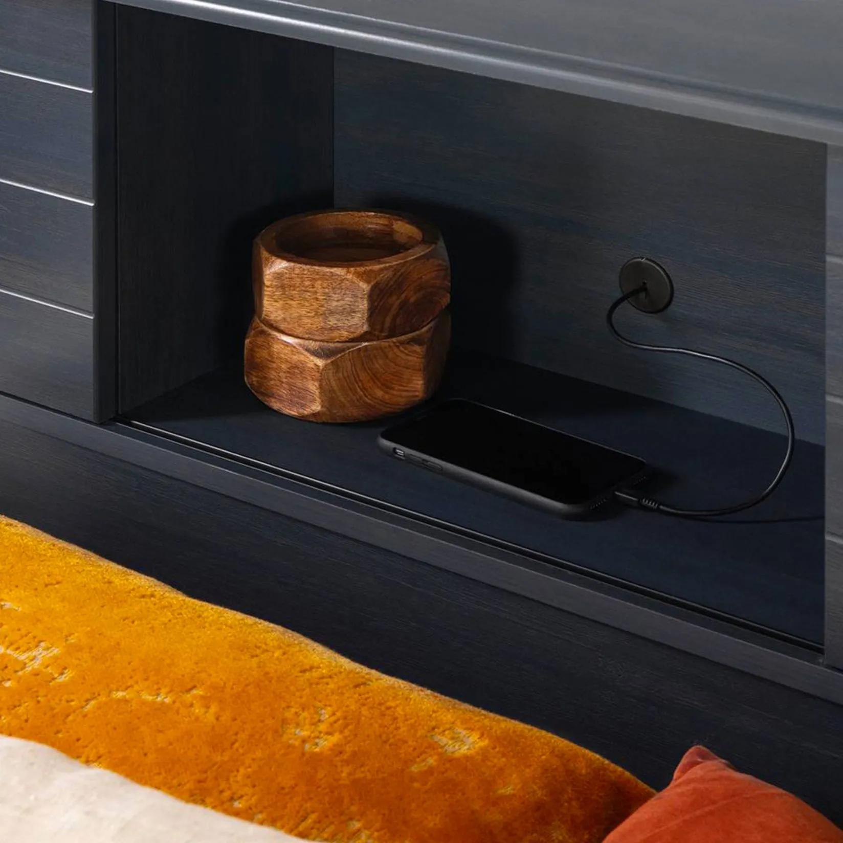 Double Bed Bookcase Headboard with Sliding Doors Asten - Blueberry Twin, Full & Queen Beds