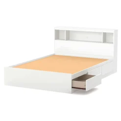 Outlet Double Mates Bed With Bookcase Headboard Set - Reevo Pure White Twin, Full & Queen Beds