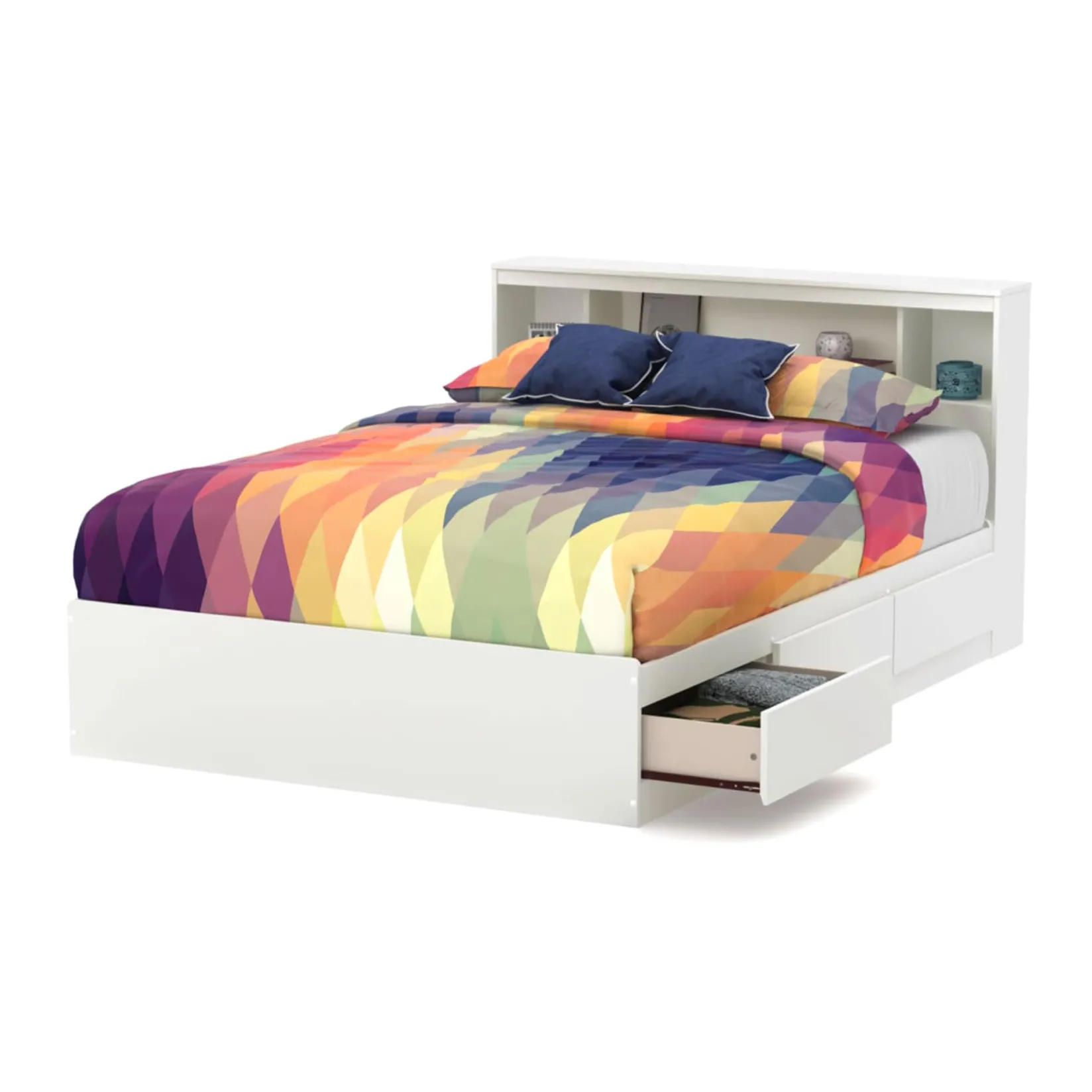 Outlet Double Mates Bed With Bookcase Headboard Set - Reevo Pure White Twin, Full & Queen Beds