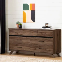 Storage Furniture>South Shore 7-Drawer Double Dresser - Flam Natural Walnut and Matte Black