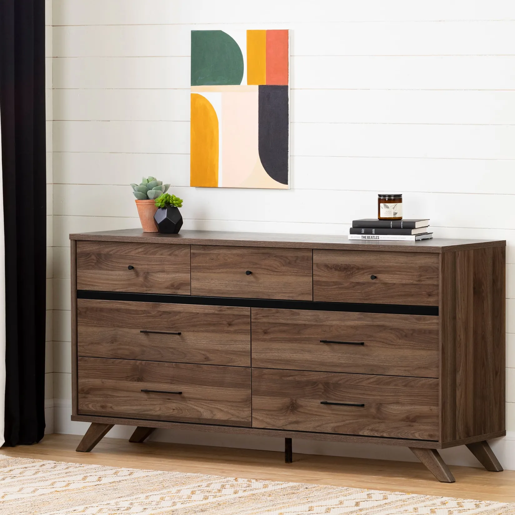 Storage Furniture>South Shore 7-Drawer Double Dresser - Flam Natural Walnut and Matte Black