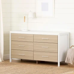 Online 6-Drawer Double Dresser - Munich White and Soft Elm Storage Furniture