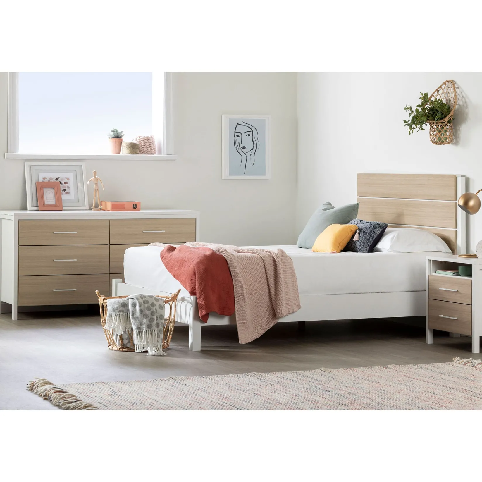 Online 6-Drawer Double Dresser - Munich White and Soft Elm Storage Furniture