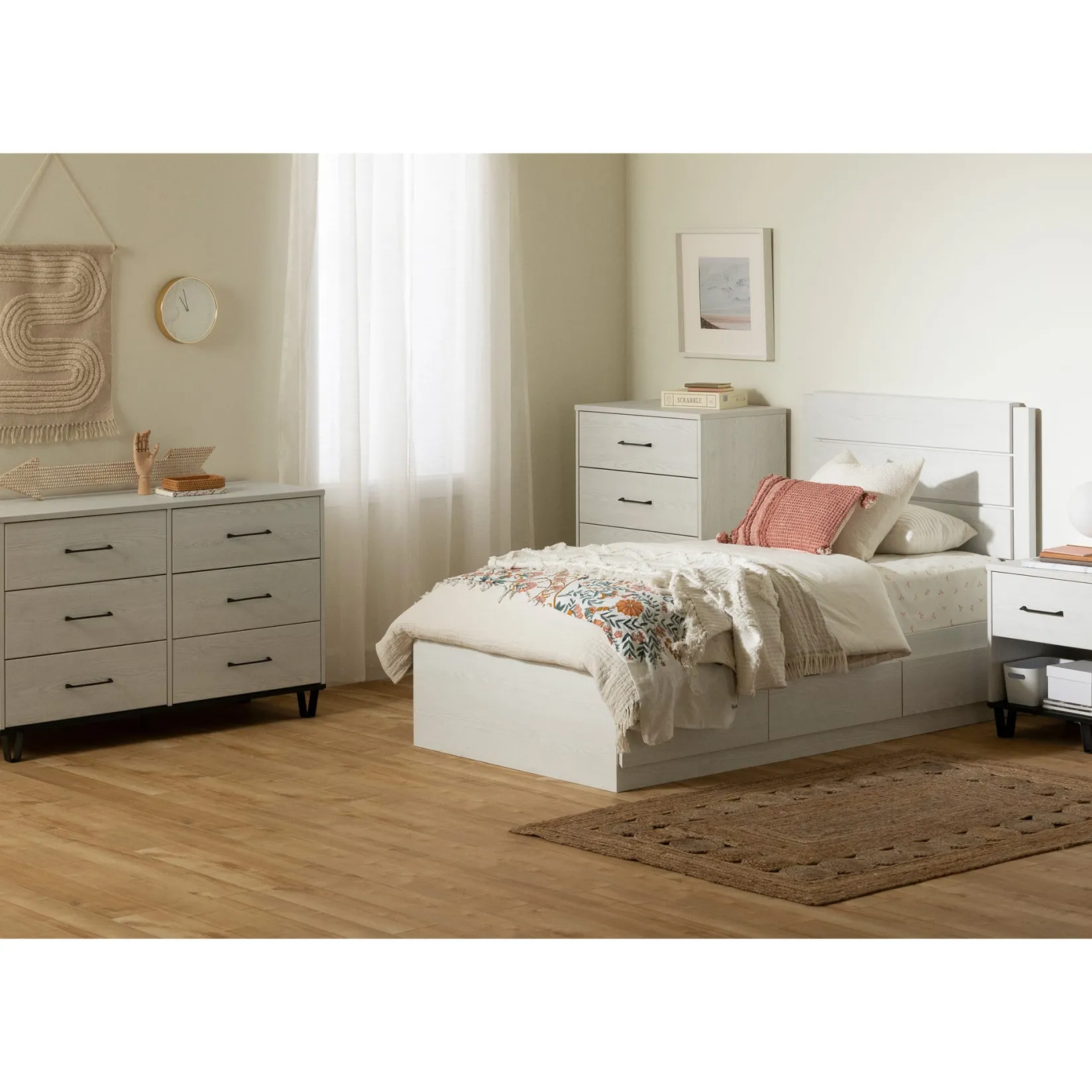 Nightstands>South Shore 1-Drawer Nightstand - Arlen White Pine and Black Matte