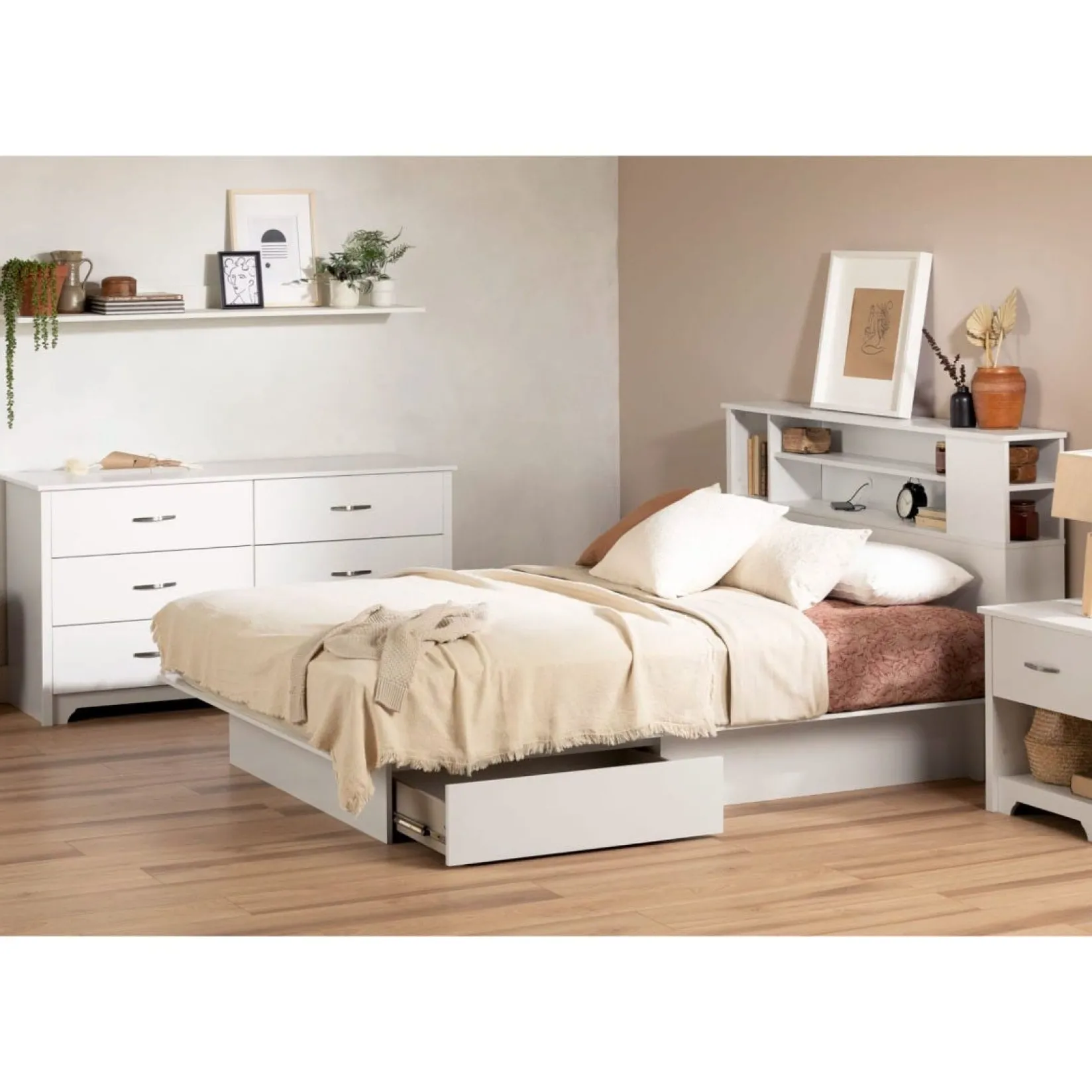 Outlet Fusion Double/Queen Bookcase Headboard - Pure White Twin, Full & Queen Beds