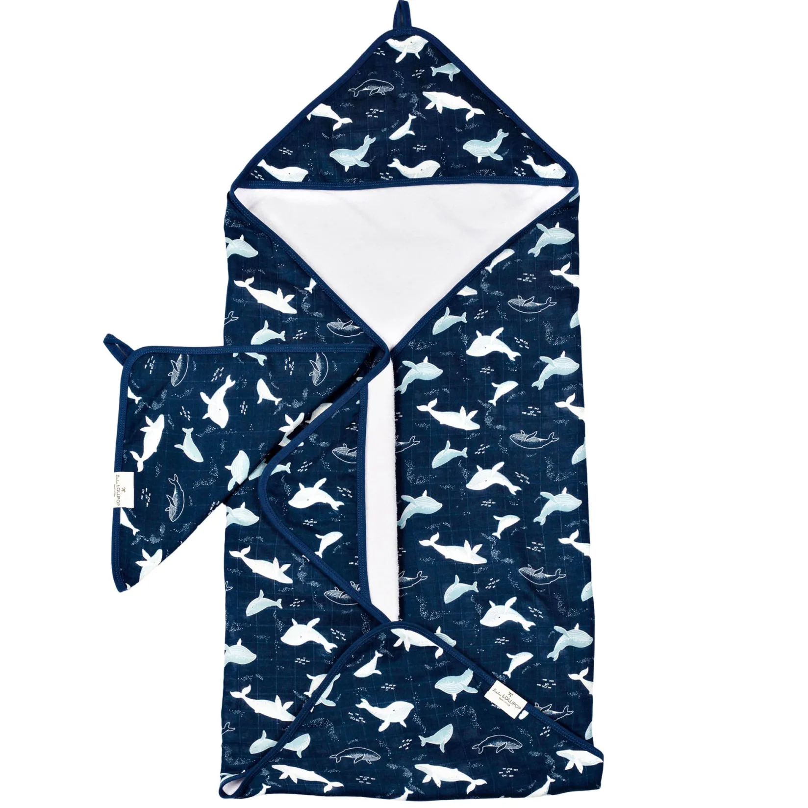 Muslin Products|Towels & Wipes>Loulou Lollipop Hooded Towel Set - Whales