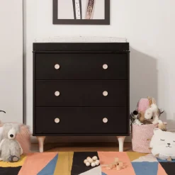 Changing Tables>Babyletto Lolly 3-Drawer Changer Dresser with Removable Changing Tray - Black / Washed Natural