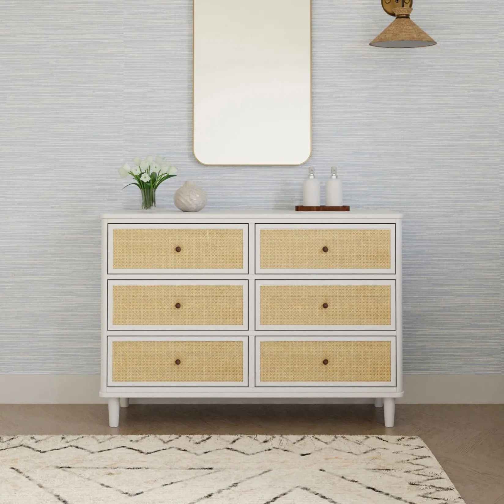 Storage Furniture>Namesake Marin with Cane 6 Drawer Assembled Dresser - Warm White and Honey Cane