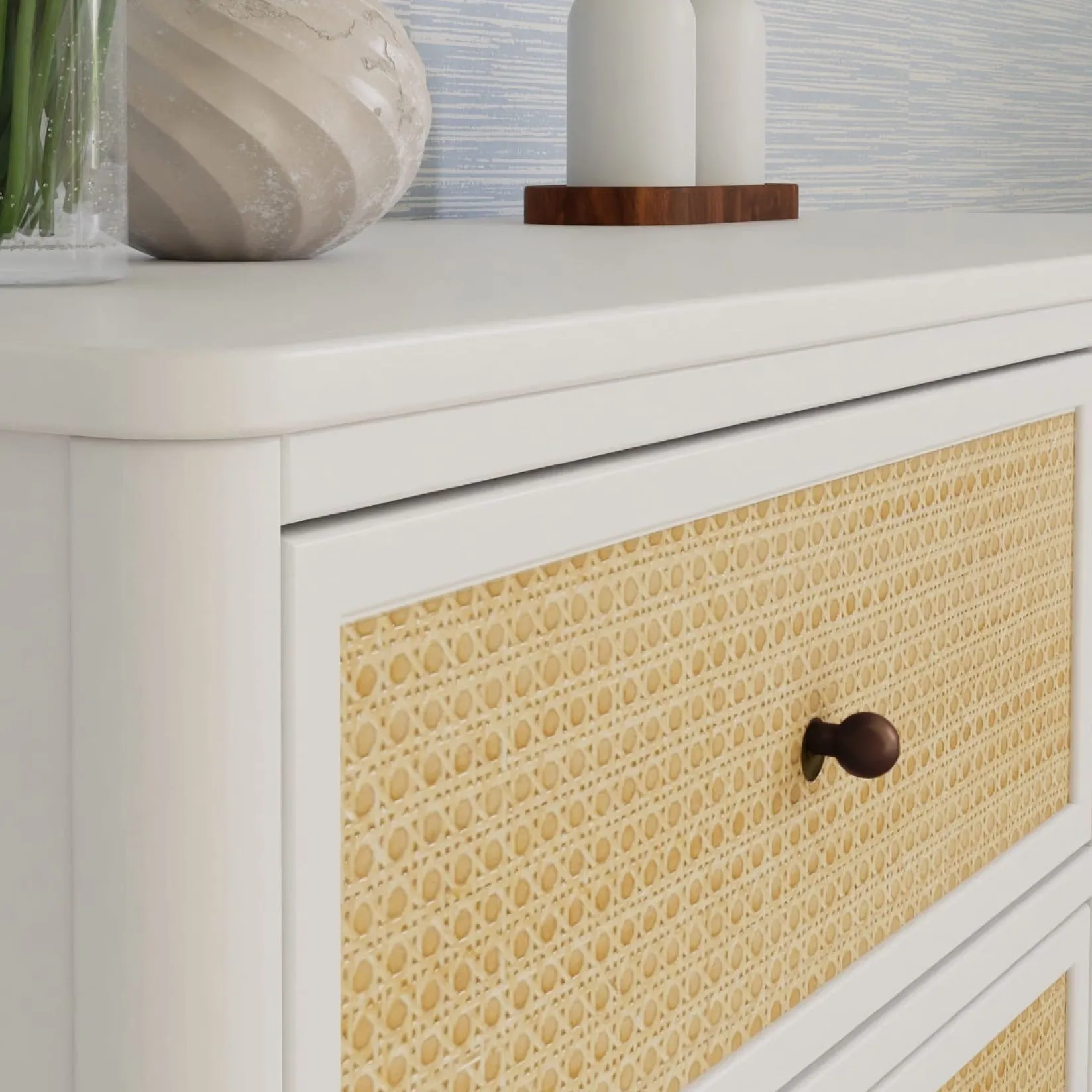 Storage Furniture>Namesake Marin with Cane 6 Drawer Assembled Dresser - Warm White and Honey Cane