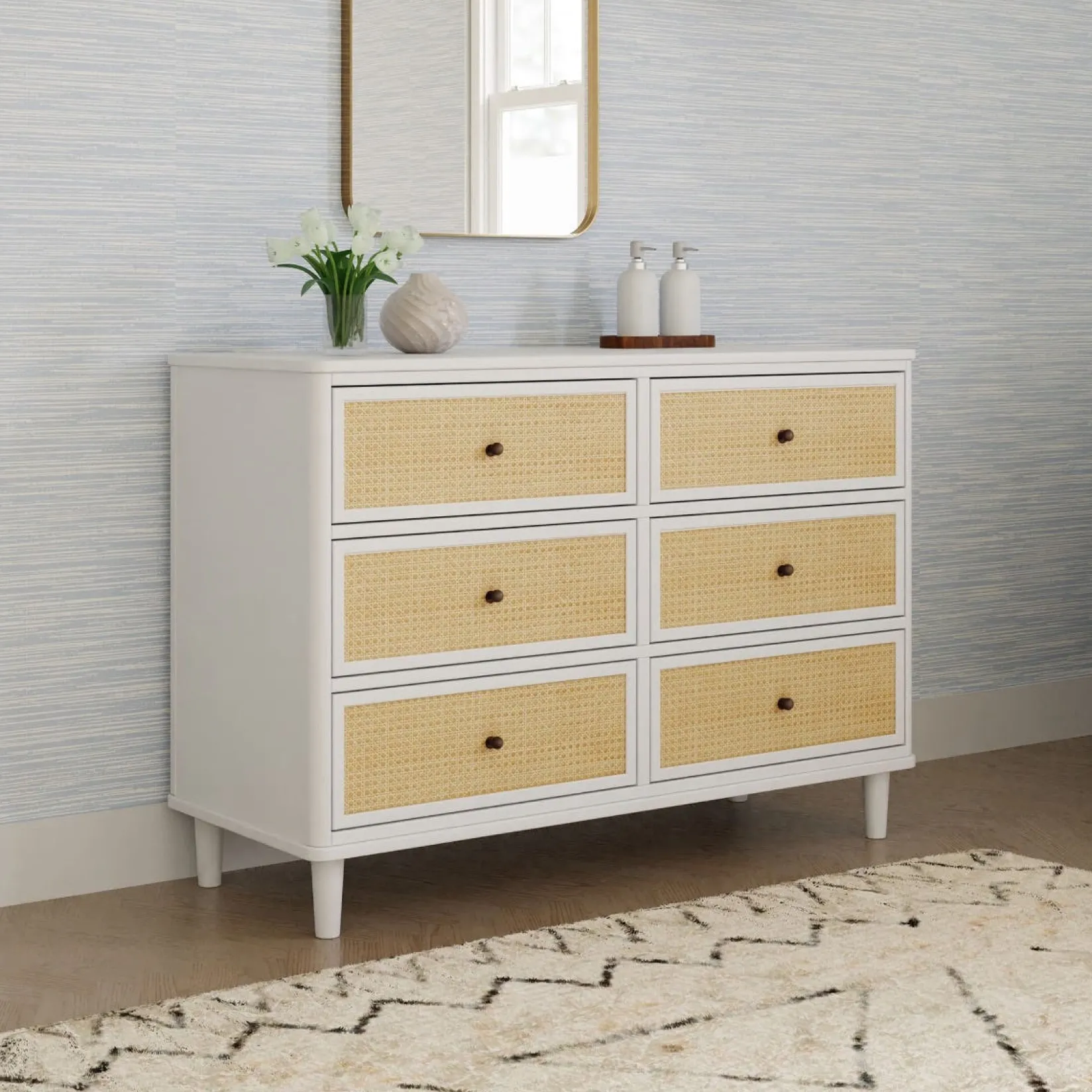 Storage Furniture>Namesake Marin with Cane 6 Drawer Assembled Dresser - Warm White and Honey Cane