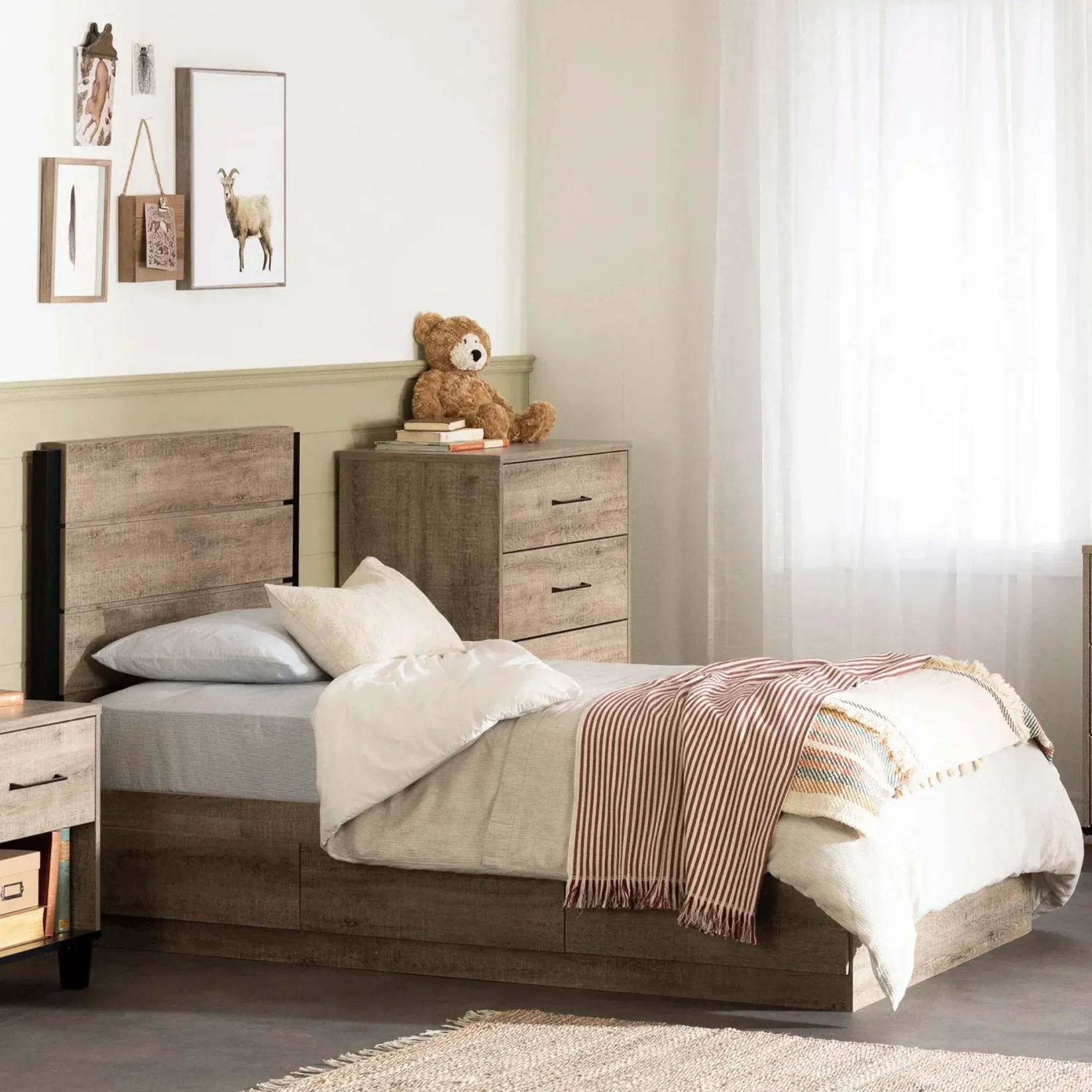 New Mates Bed with 3 Drawers - Arlen Weathered Oak Twin, Full & Queen Beds