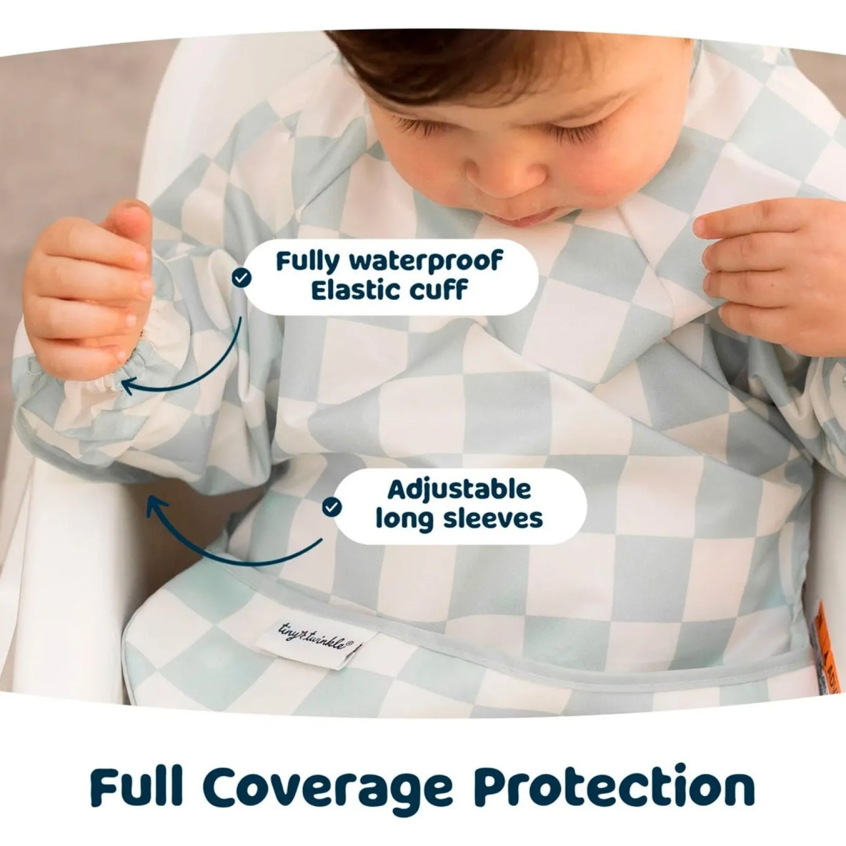 Clearance Mess-proof Full Sleeved Bib - Sage Checkers 6-24m Kids Bibs|Breastfeeding