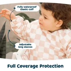 Outlet Mess-proof Full Sleeved Bib - Brown Checkers 6-24m Kids Bibs|Breastfeeding