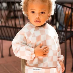 Outlet Mess-proof Full Sleeved Bib - Brown Checkers 6-24m Kids Bibs|Breastfeeding