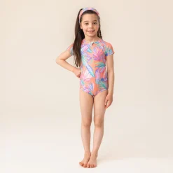 Swimsuits>Nano Palm Tree Uv Ss Swimsuit 2-14 Coral