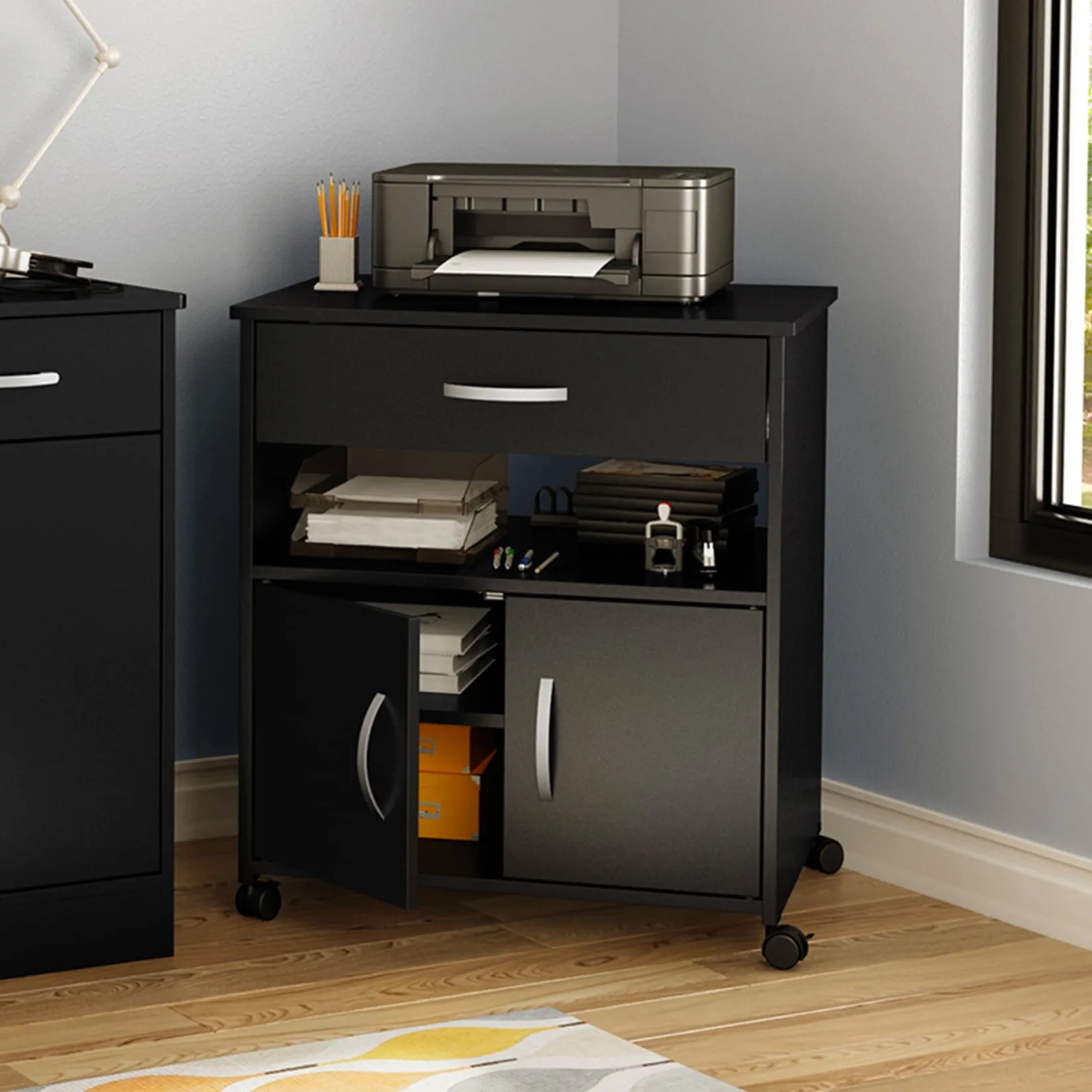 Hot Printer Cart on Wheels - Axess Pure Black Desk