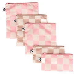 Snack Bags & Containers|Tableware>Tiny Twinkle Reusable Snack Bags 5-Pack - Pink / Brown Checkers