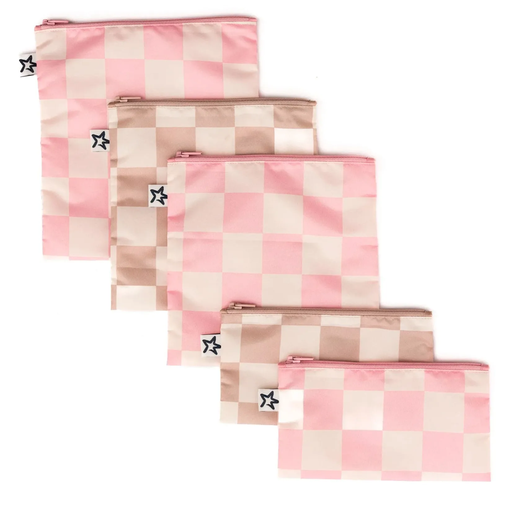 Snack Bags & Containers|Tableware>Tiny Twinkle Reusable Snack Bags 5-Pack - Pink / Brown Checkers