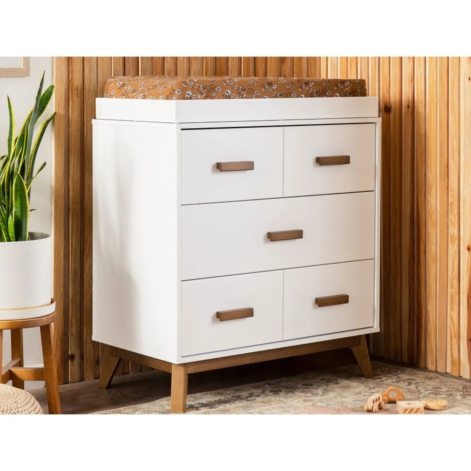 Discount Scoot 3-Drawer Changer Dresser - White / Walnut Finish Changing Tables