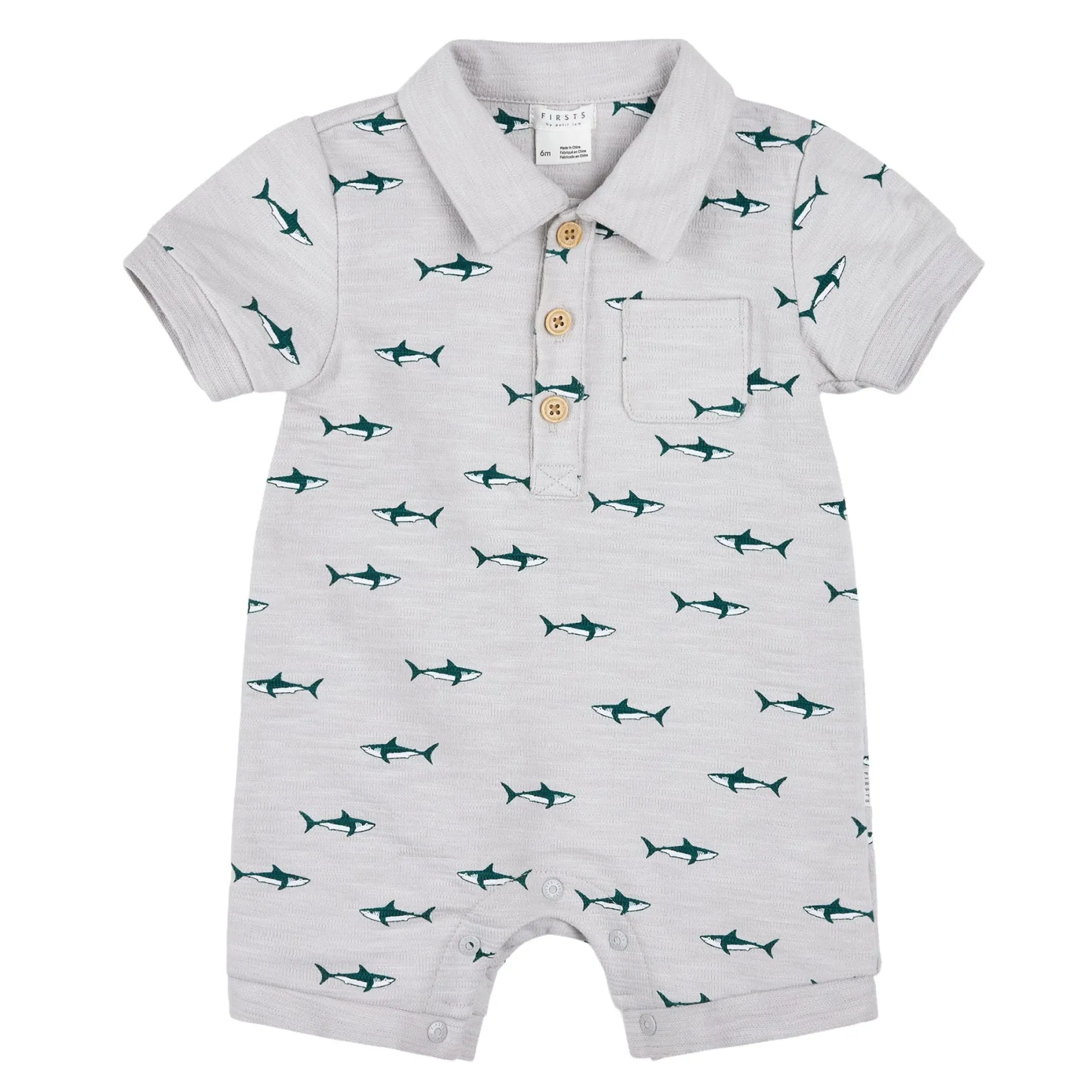 Rompers & Jumpsuits>Firsts par Petit Lem Sharks Polo Romper 3-24m Grey