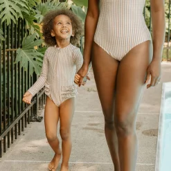 Swimsuits>Petit Lem Striped Long Sleeve UV Swimsuit 2-6y Beige