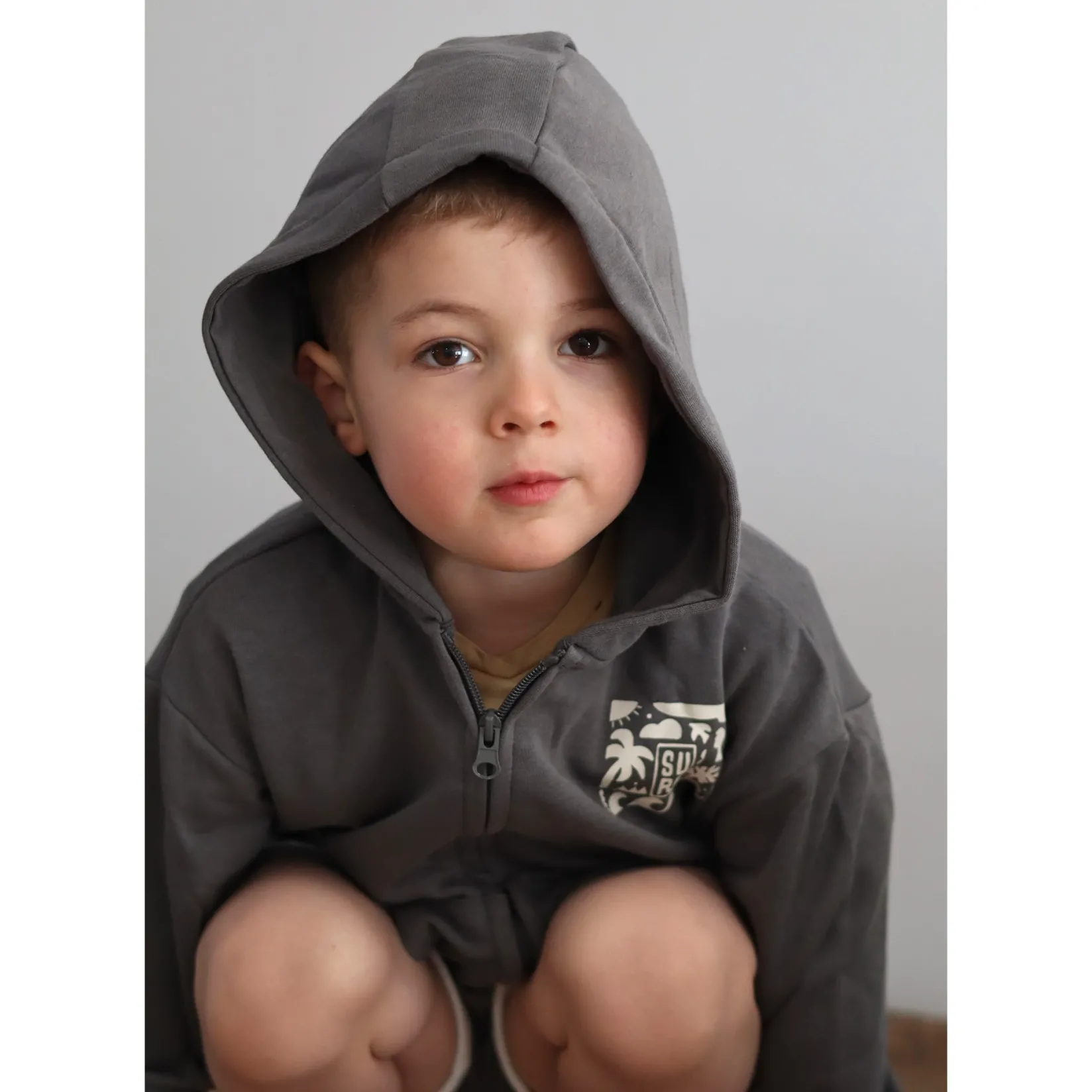 Fleeces And Sweatshirts|Tops>Chat Botte Surf Zip Hoodie 2-10y Charcoal