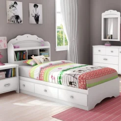 Best Tiara Mates Bed with Bookcase Headboard Set - Pure White Twin, Full & Queen Beds