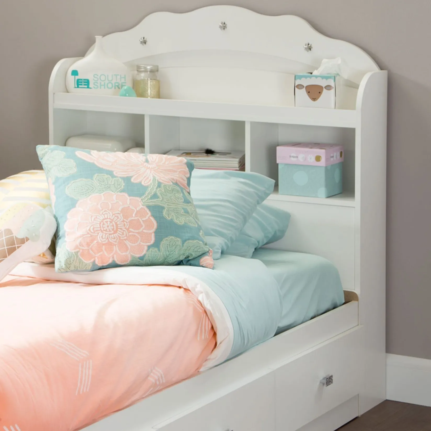 New Tiara Twin Bookcase Headboard - Pure White Twin, Full & Queen Beds