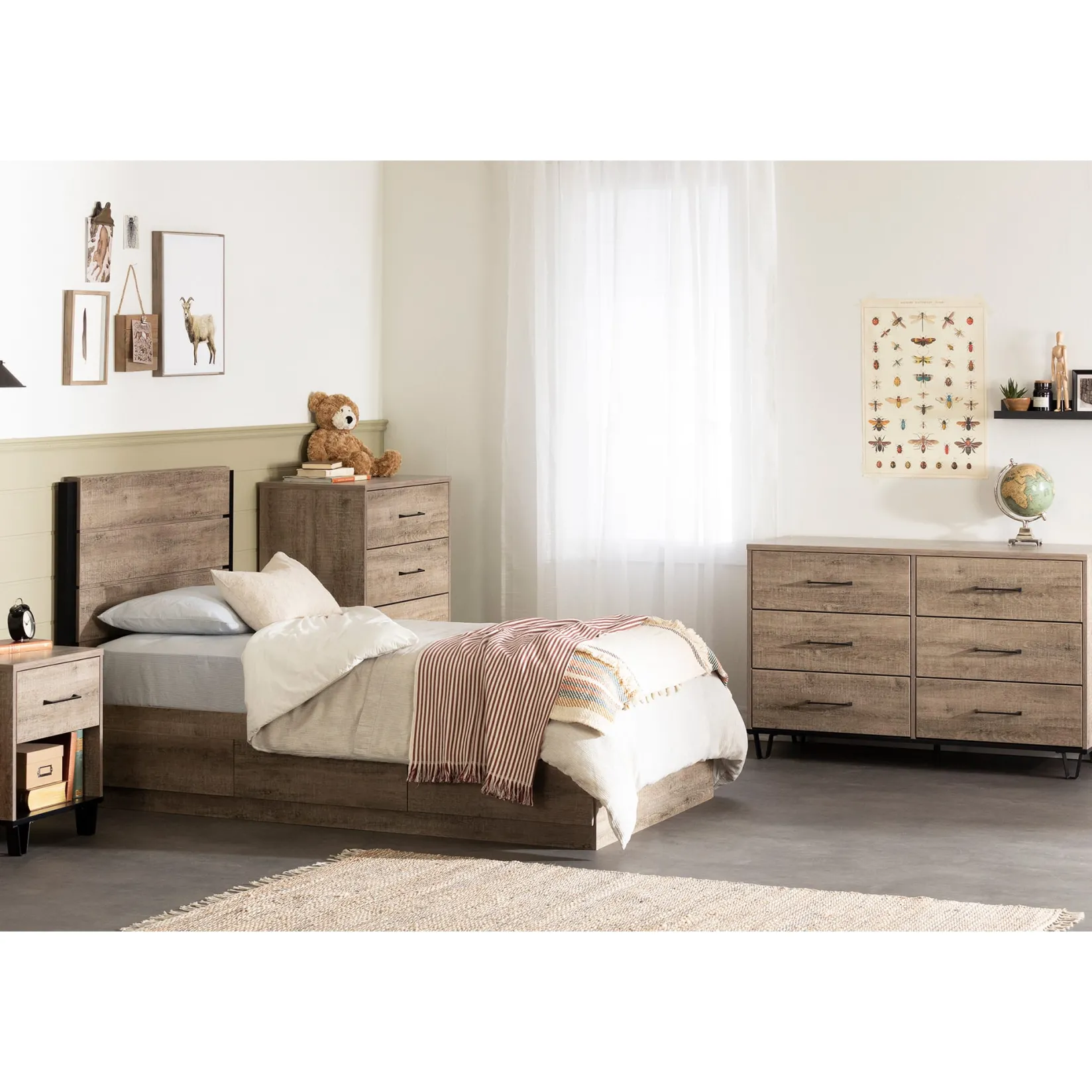 Twin, Full & Queen Beds>South Shore Twin Bed and Headboard Set - Arlen Weathered Oak