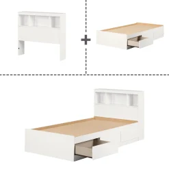 Twin Mates Bed With Bookcase Headboard Set - Reevo Pure White Twin, Full & Queen Beds