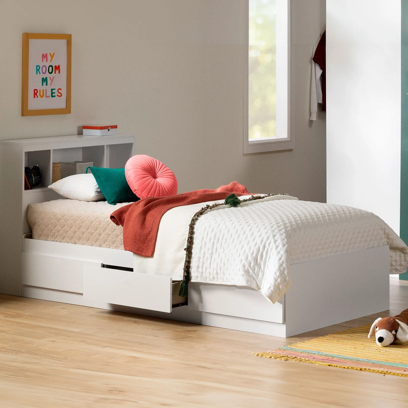 Twin Mates Bed With Bookcase Headboard Set - Reevo Pure White Twin, Full & Queen Beds