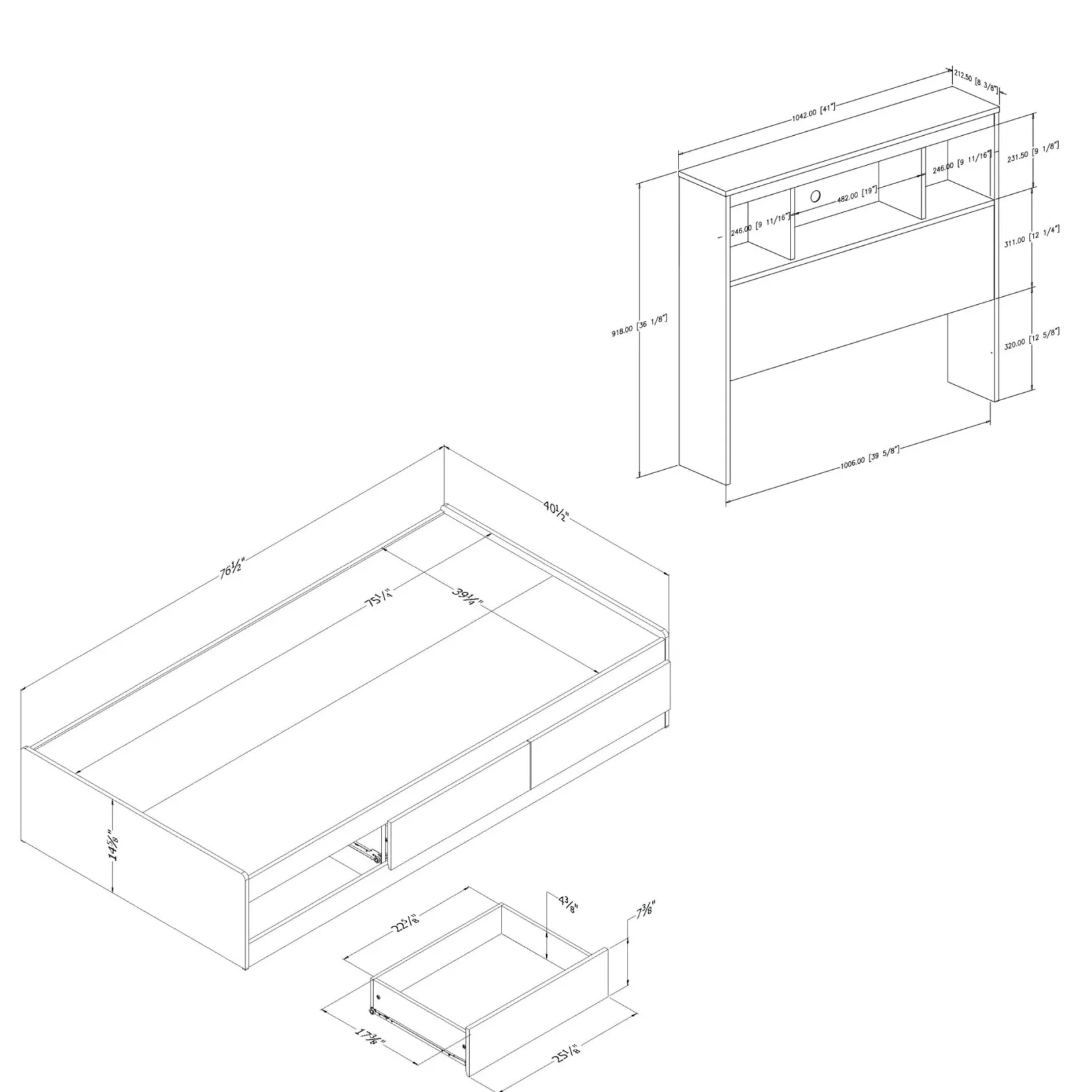 Twin Mates Bed With Bookcase Headboard Set - Reevo Pure White Twin, Full & Queen Beds